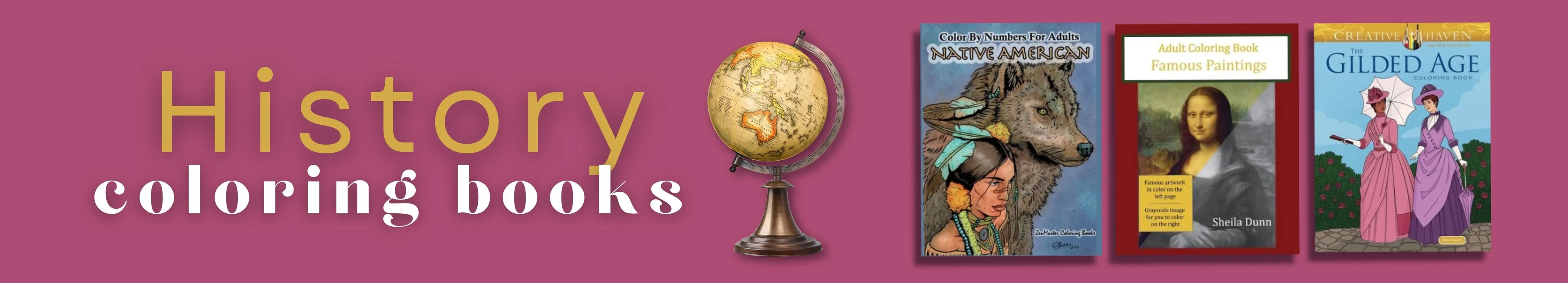 Coloring books on a pink background with a globe and book covers.