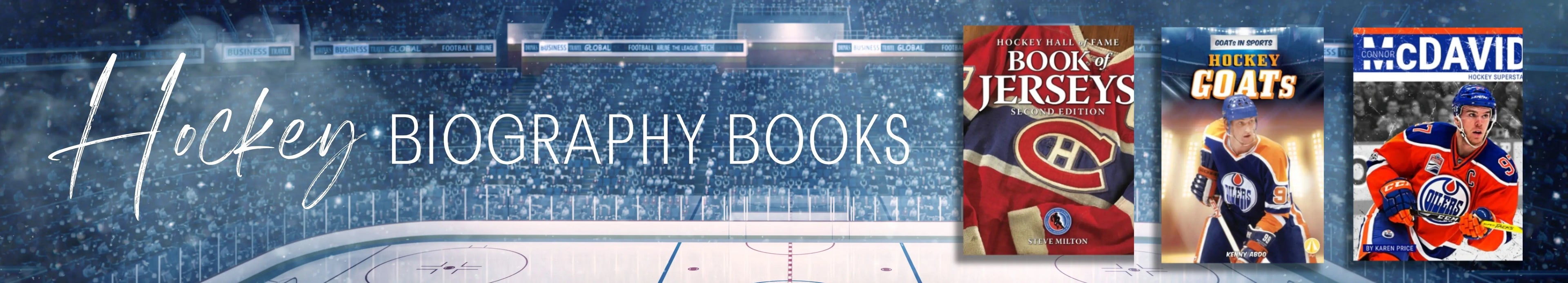 Hockey biography books displayed on an ice rink background