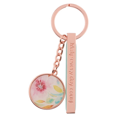 Heartfelt Women's Keychain, Make Every Day Count Floral Pink Daisies, Teal/Rose Gold Metal by Christian Art Gifts