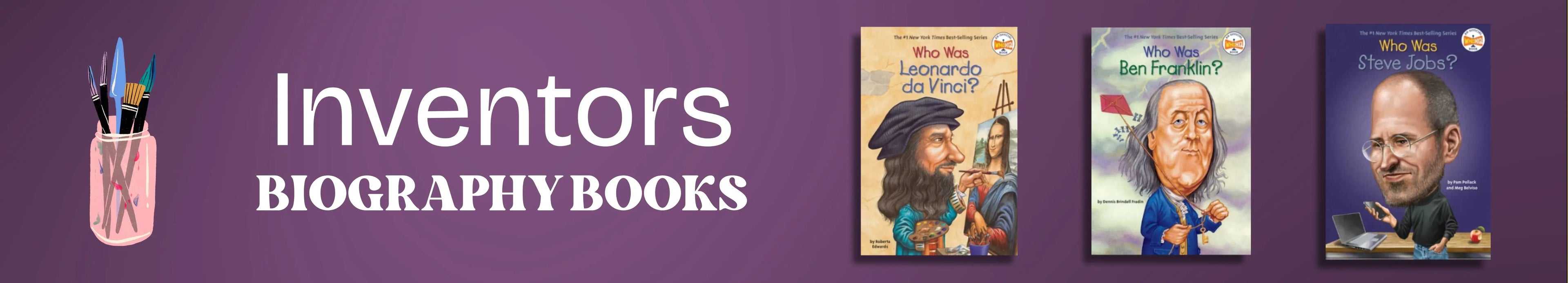 Inventors biography books displayed on a purple background