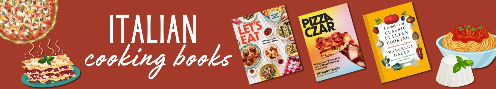 Covers of Italian cookbooks featuring pasta, pizza, and regional dishes