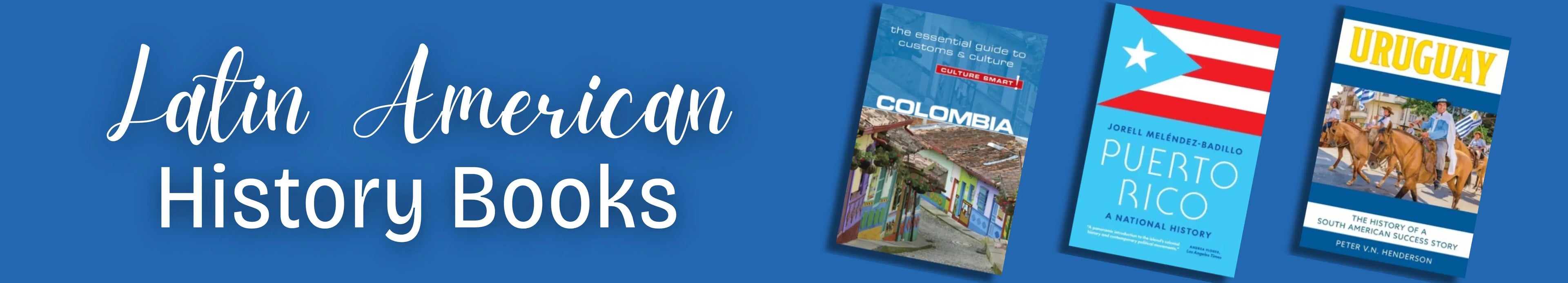 Three books about Latin American history on a blue background