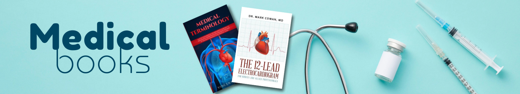 A collection of books for students studying medicine and healthcare