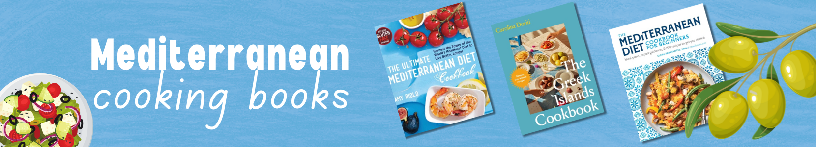 A collection of cookbooks with recipes from Greece, Italy, Spain, and beyond