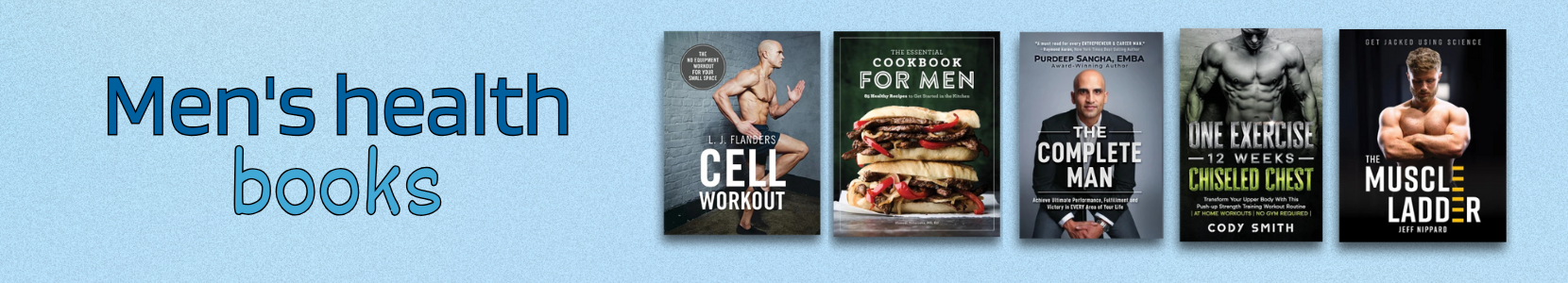 Selection of men's health books focused on fitness, mental health, nutrition, testosterone, aging, and overall wellness.