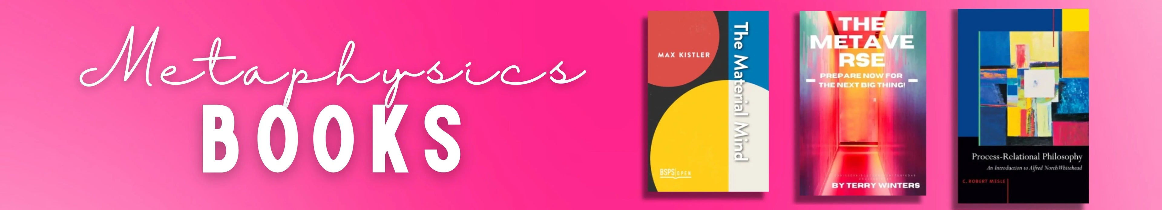 Promotional banner for metaphysics books with colorful covers on a pink background