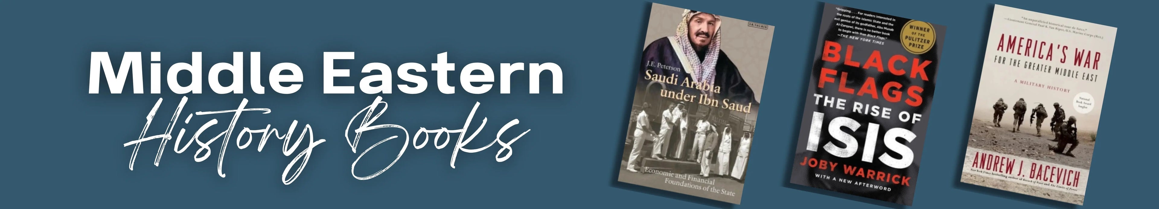 Three books on a blue background with text 'Middle Eastern History Books'.
