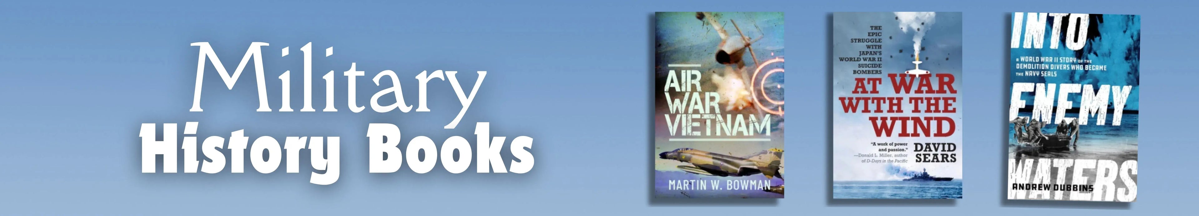 Banner advertising military history books with book covers displayed against a blue background.