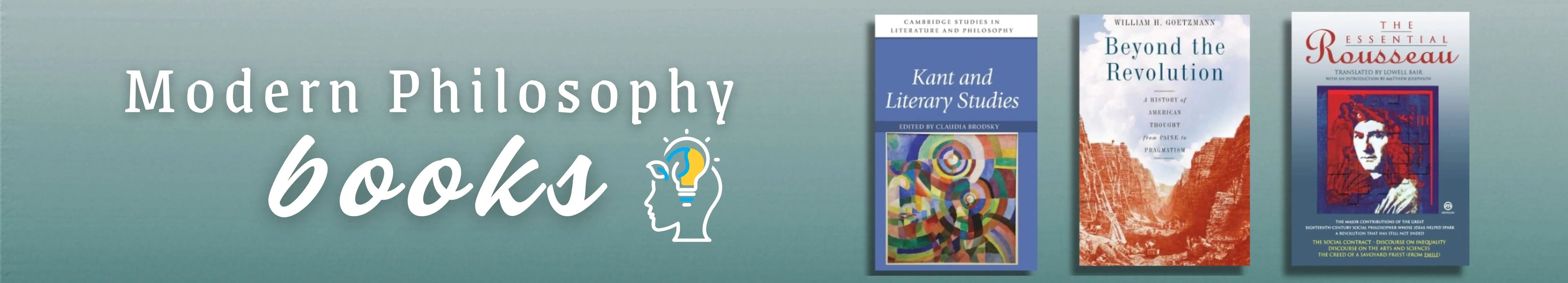Three books on a gray background with 'Modern Philosophy books' text.