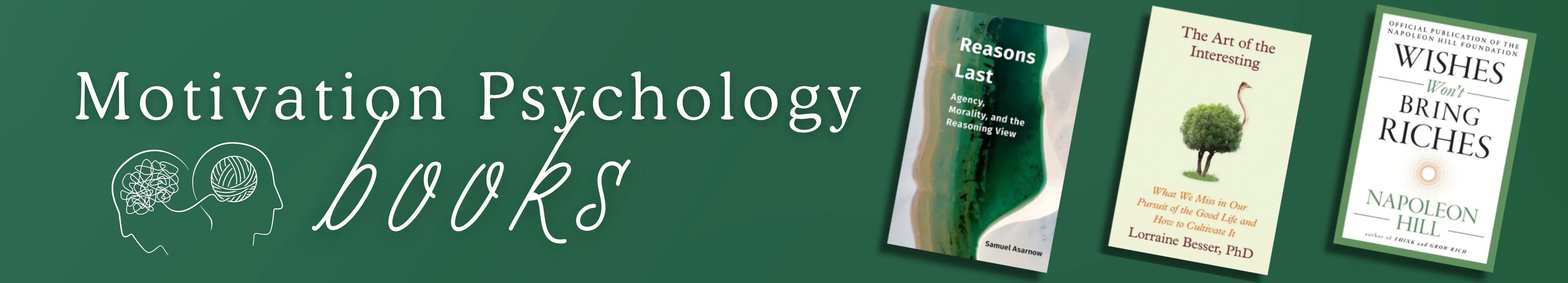 Three books on motivation psychology with a green background