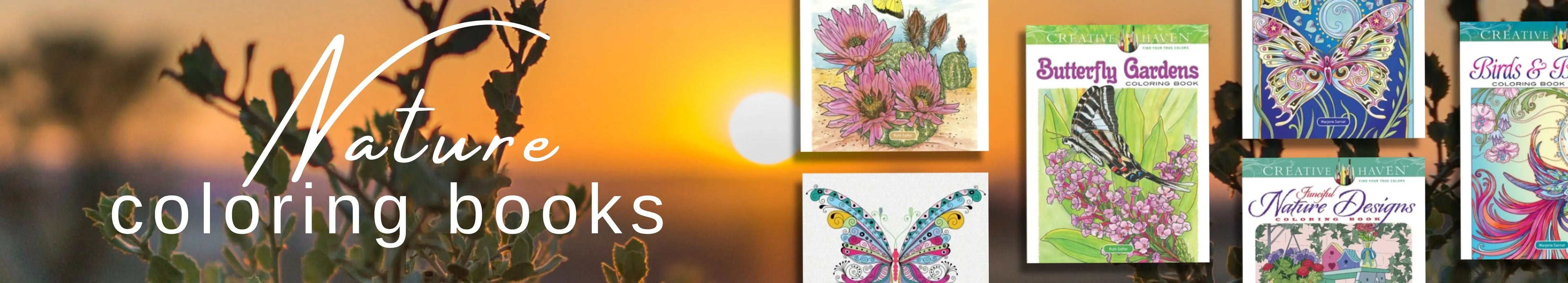 Collage of nature-themed coloring books with a sunset background