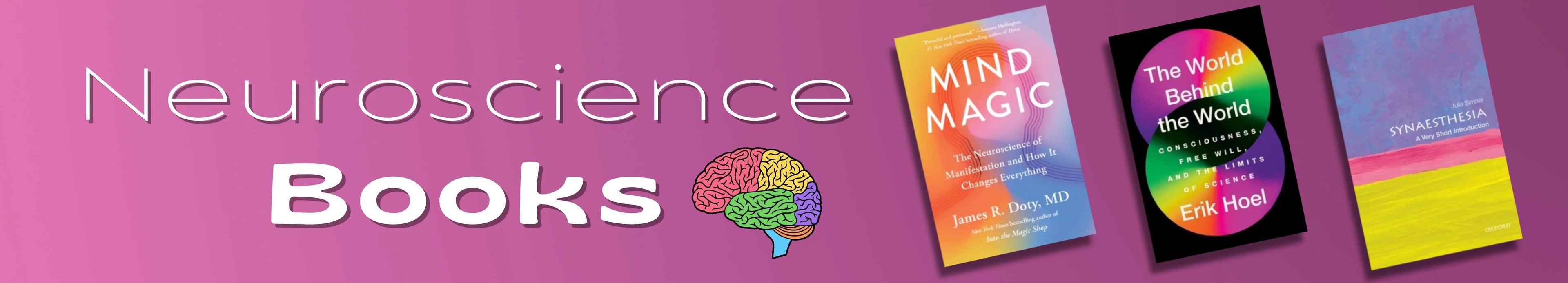 Neuroscience books with colorful covers on a pink background
