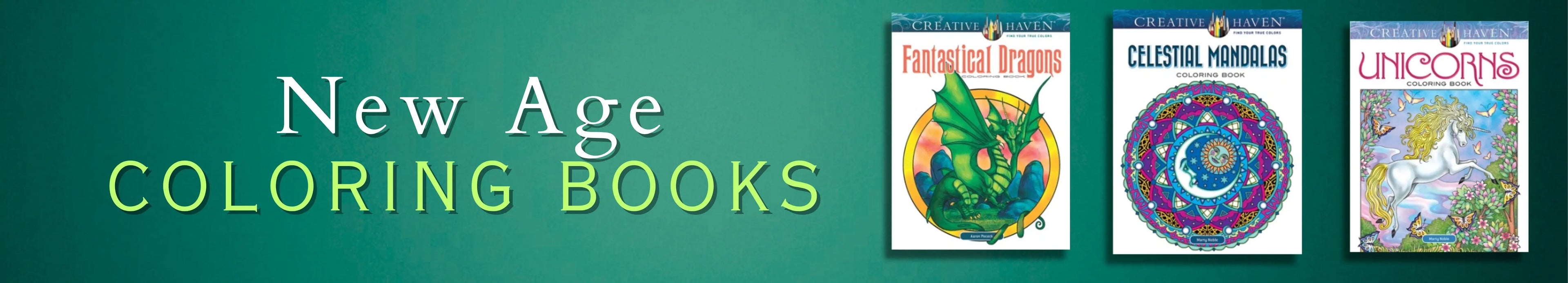 Banner advertising New Age coloring books with three book covers displayed.