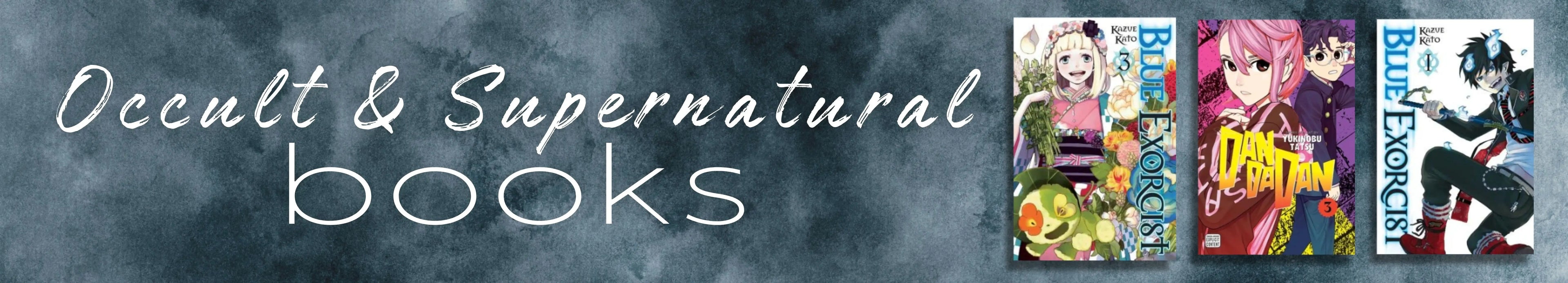 Banner advertising occult and supernatural books with anime-style illustrations of book covers.
