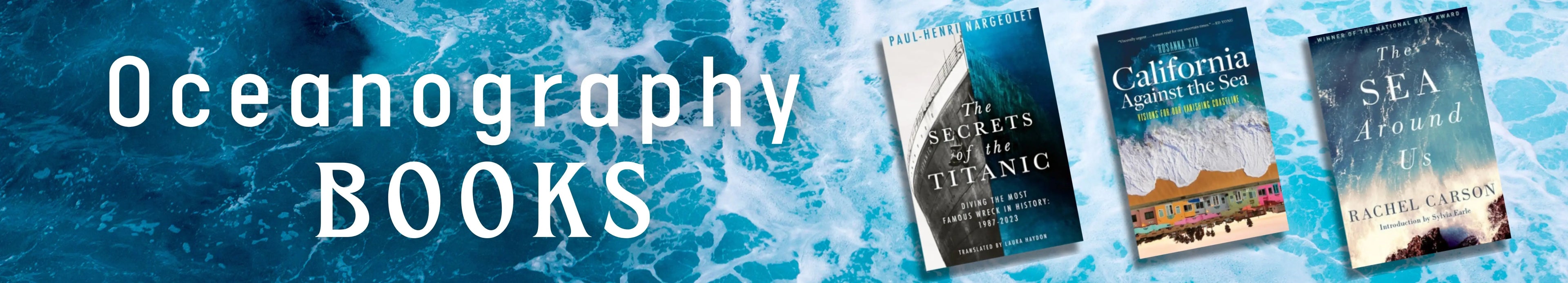 Books related to oceanography with a blue water background