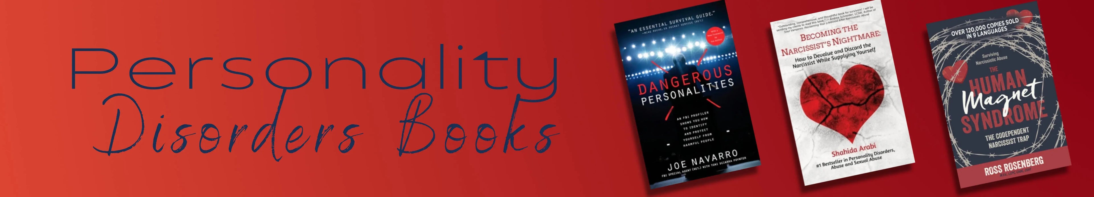 Three books on a red background with text 'Personality Disorders Books'.