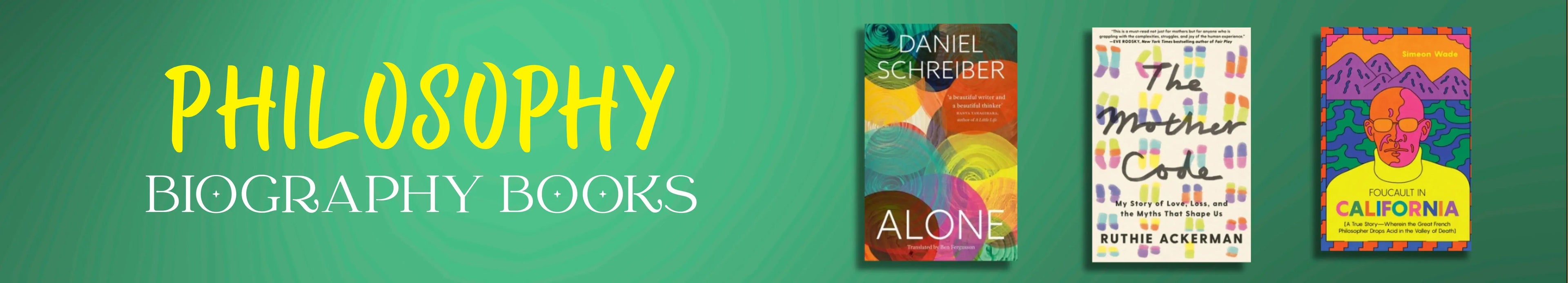 Three philosophy books on a green background with text 'Philosophy Biography Books'.