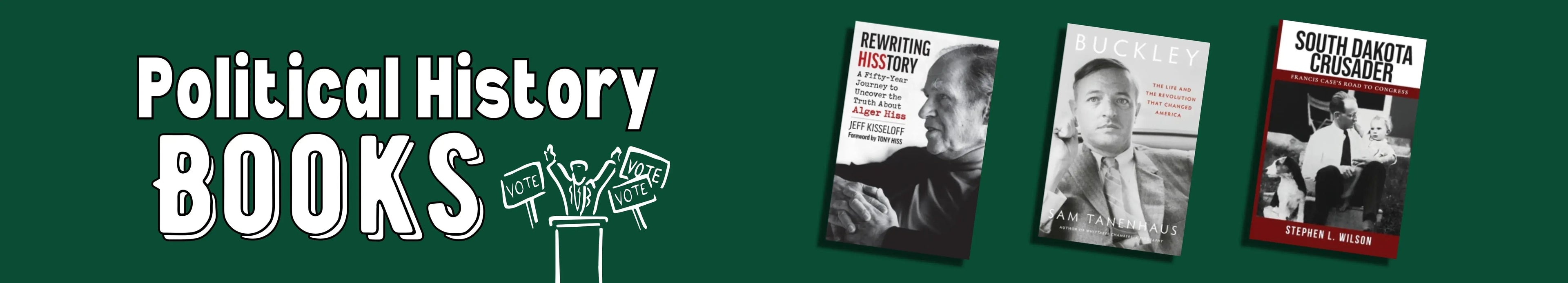 Three books on political history with a green background