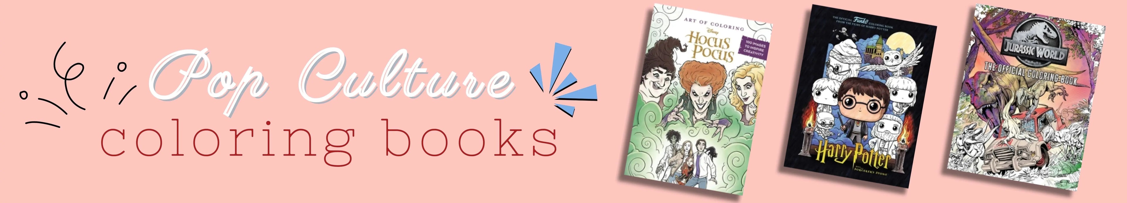 Banner advertising pop culture coloring books with images of books on a pink background.