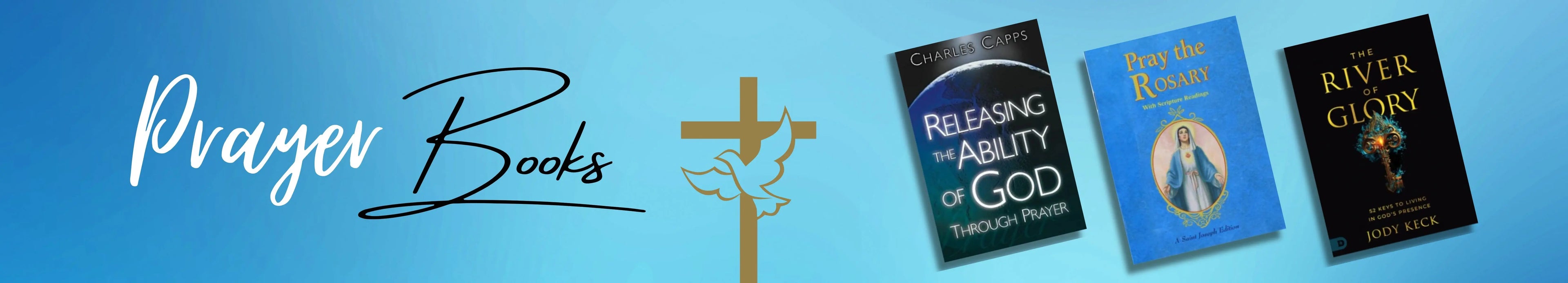 Promotional banner for prayer books with titles and a cross icon on a blue background.
