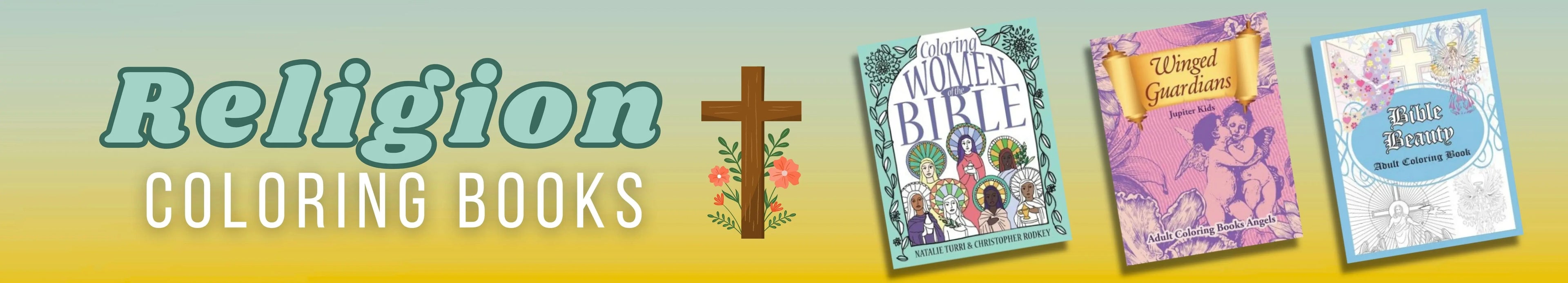 Banner advertising religion coloring books with a cross icon on a yellow background.