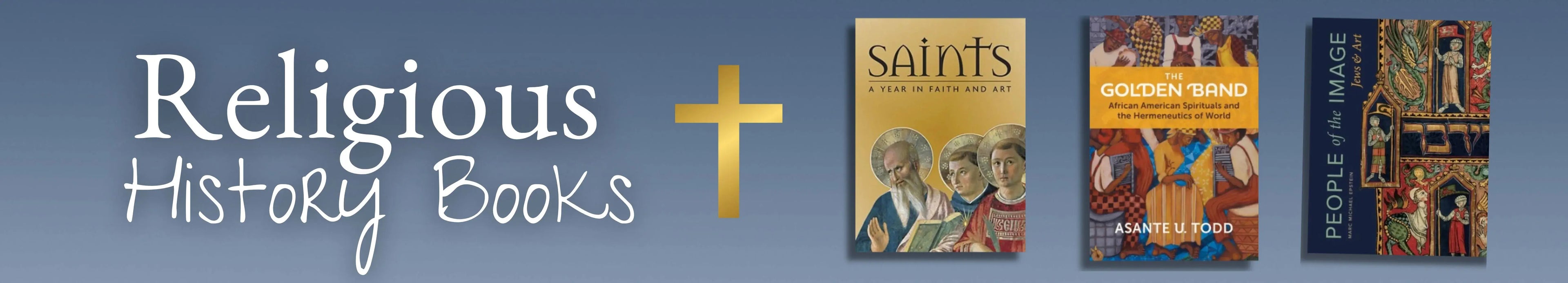 Banner advertising religious history books with book covers displayed.
