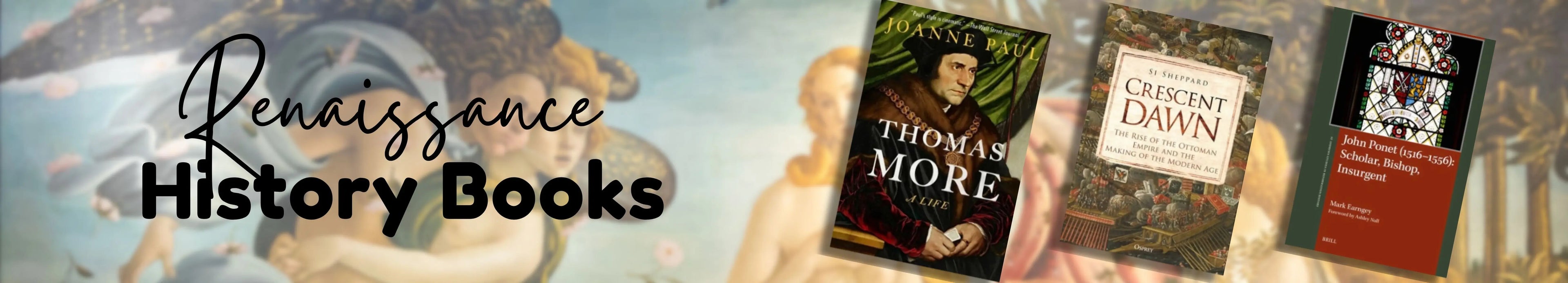 Three books on a banner with 'Renaissance History Books' text and a blurred background.