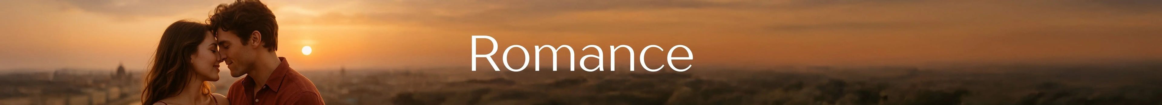 Couple embracing with a sunset in the background, labeled 'Romance'.
