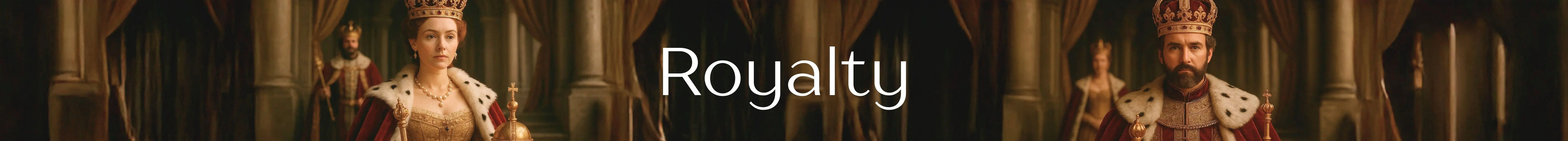 Two people in regal attire with crowns, labeled 'Royalty'.