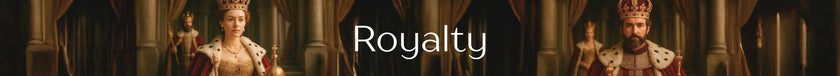 Two people in regal attire with crowns, labeled 'Royalty'.