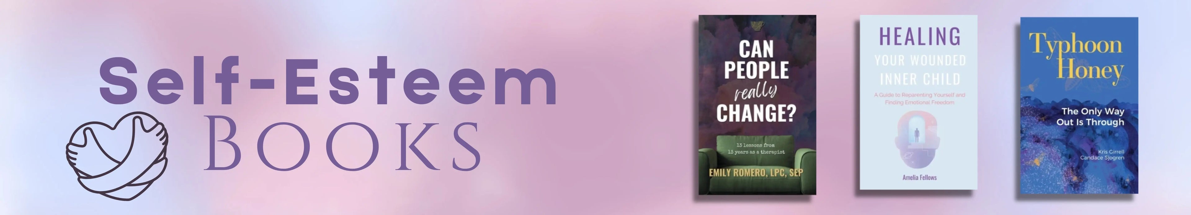 Banner with books related to self-esteem and personal growth on a gradient background