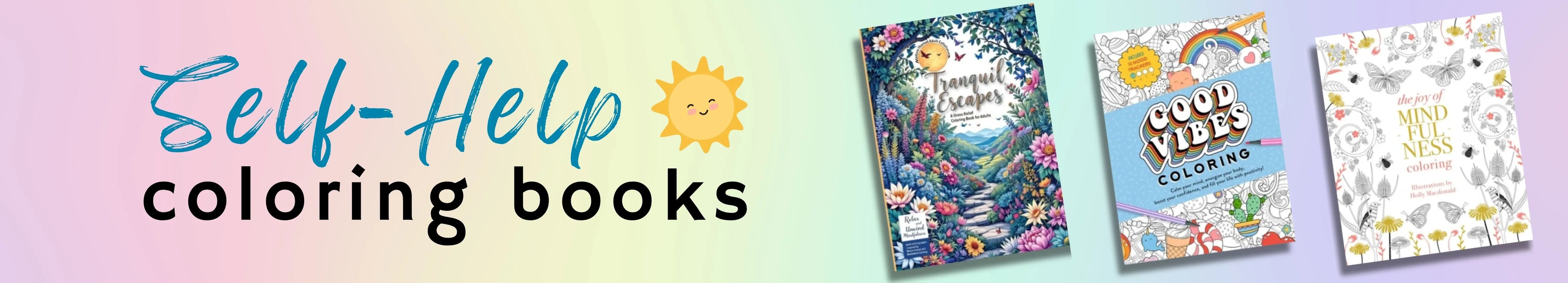 Three self-help coloring books on a gradient background with text 'Self-Help coloring books'.