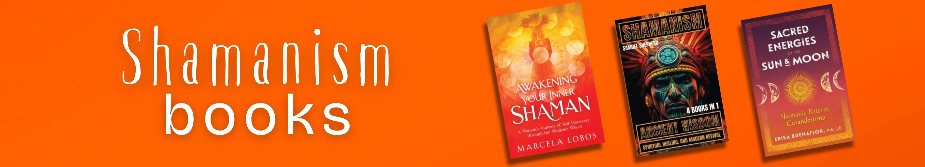 Three books on a bright orange background with 'Shamanism books' text.