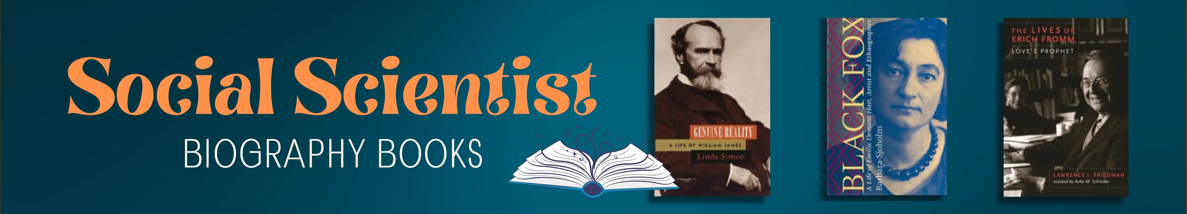 Three book covers on a blue background with text 'Social Scientists Biography Books'.