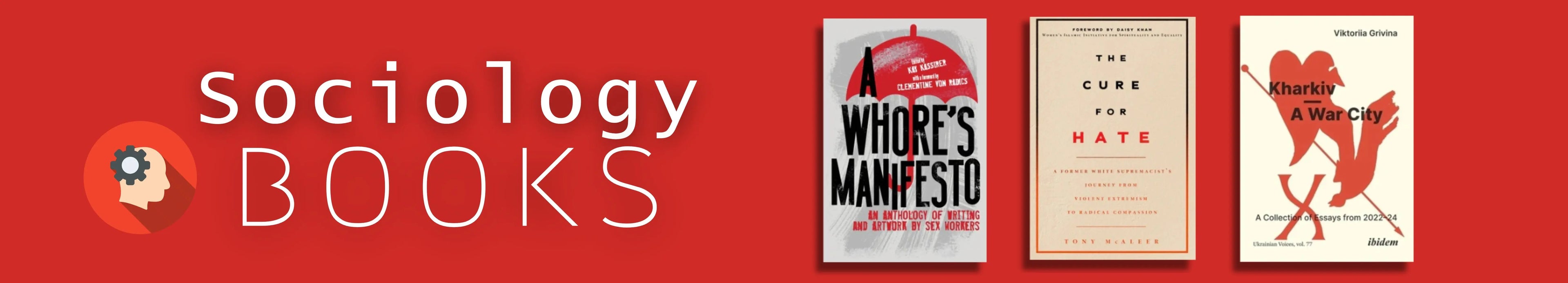 Promotional banner for sociology books with book covers on a red background