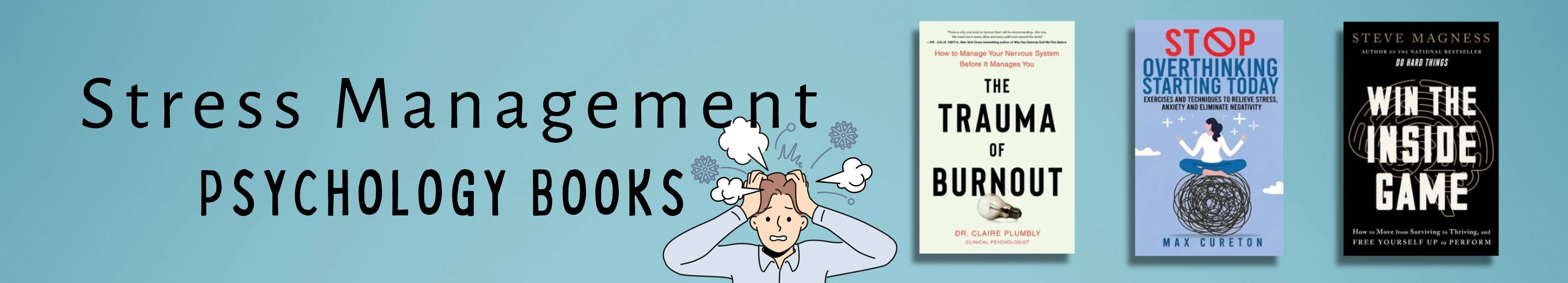 Three books on stress management psychology with a cartoon character showing stress.