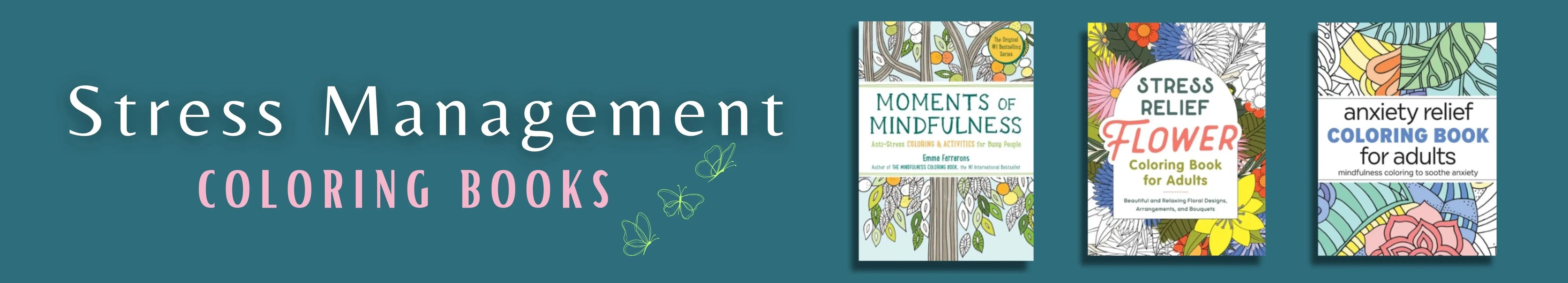 Three coloring books on a teal background with 'Stress Management Coloring Books' text.
