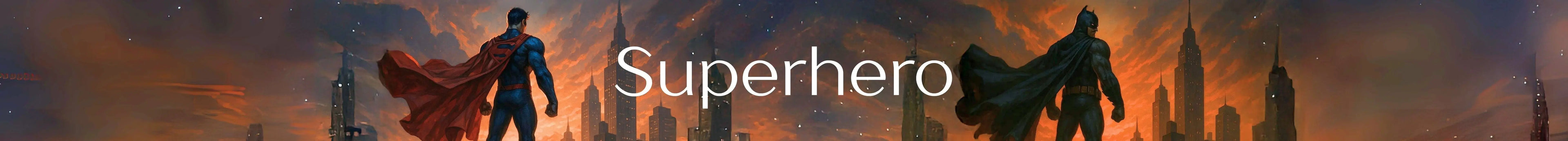 Superhero in action with a cityscape and skyline in the background