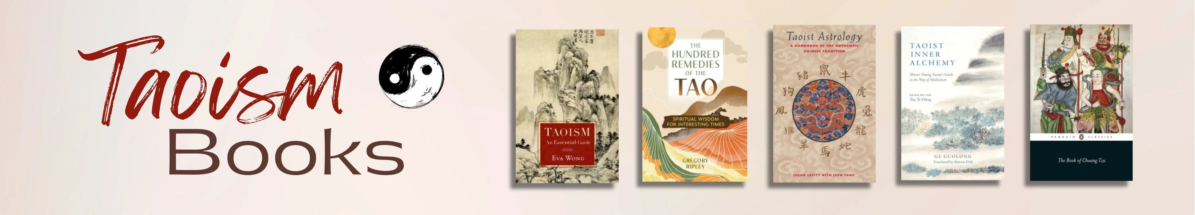 Banner with books related to Taoism and a yin-yang symbol.