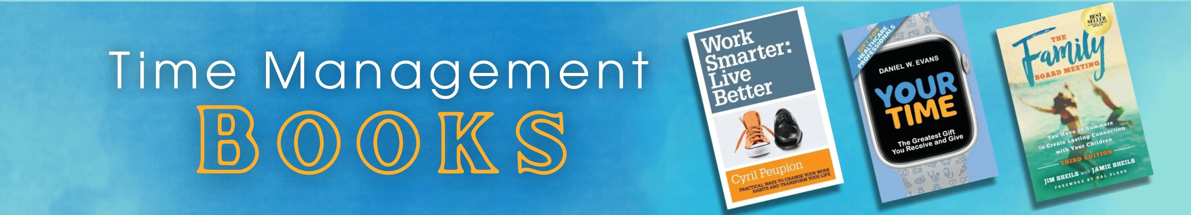 Promotional banner for time management books with book covers displayed on a blue background.