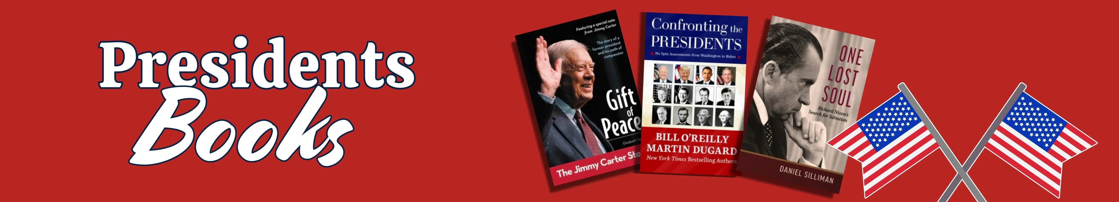 Three books about presidents on a red background with American flags.