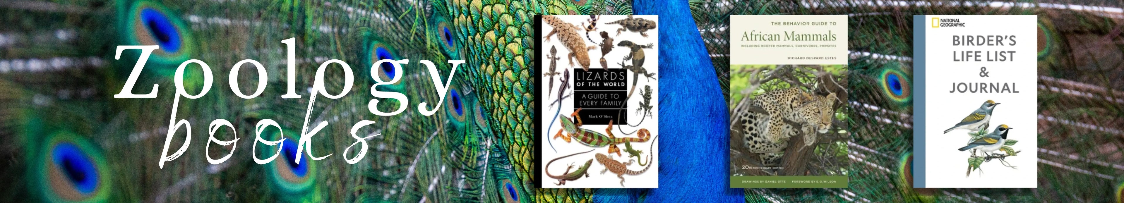 Banner with books related to zoology, including a peacock feather and books on birds and nature.